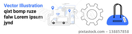 Logistics, e-commerce, tracking, technology, shipping, shopping. Illustration of a delivery truck, map pointers gear symbol and a handbag. Logistics and e-commerce Logistics, e-commerce, tracking, technology, shipping, shopping. Illustration of a delivery truck, map pointers gear symbol and a handbag. Logistics and e-commerce 138857858