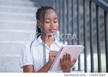 Young Black business woman using a tablet with stylus while sitting on stairs. Digital planning, online work, note taking, mobile productivity, remote learning and modern professional lifestyle. Young Black business woman using a tablet with stylus while sitting on stairs. Digital planning, online work, note taking, mobile productivity, remote learning and modern professional lifestyle. 138857881