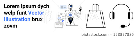 Artificial intelligence, e-commerce, customer service, digital communication, shopping support, data analytics. Robot assistant, shopping bag and headset icon. Artificial intelligence and e-commerce Artificial intelligence, e-commerce, customer service, digital communication, shopping support, data analytics. Robot assistant, shopping bag and headset icon. Artificial intelligence and e-commerce 138857886