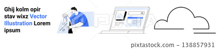 Cloud computing, online storage, digital workspace, document management, web development, remote collaboration. A man holding scissors, a laptop screen and a cloud icon. Cloud computing and online 138857931