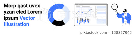 Business intelligence, data analysis, finance report, statistics, teamwork, research. Circular chart, bar graph and person analyzing with magnifying glass. Business intelligence and data analysis 138857943