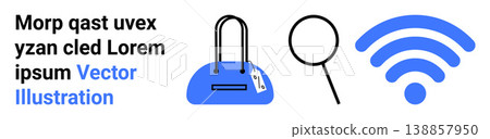 E-commerce, digital marketing, online shopping, search, connectivity, wireless network. Blue bag with price tag, magnifier wireless icon. E-commerce and digital marketing concept E-commerce, digital marketing, online shopping, search, connectivity, wireless network. Blue bag with price tag, magnifier wireless icon. E-commerce and digital marketing concept 138857950