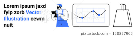 Online shopping, customer data visualization, sales reports, delivery services, retail analysis, inventory monitoring. Delivery worker with clipboard, analytics chart shopping bag. E-commerce Online shopping, customer data visualization, sales reports, delivery services, retail analysis, inventory monitoring. Delivery worker with clipboard, analytics chart shopping bag. E-commerce 138857963
