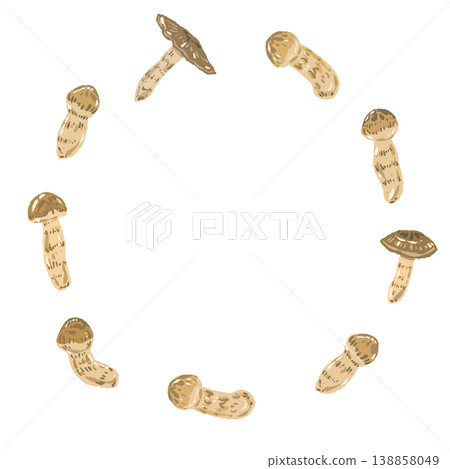 Hand-drawn illustration material of a round frame featuring a matsutake mushroom. 138858049