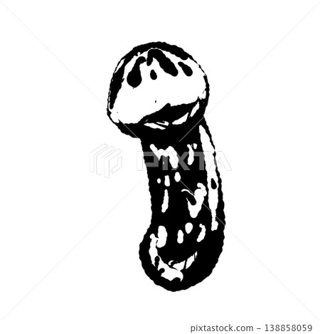 Monochrome hand-drawn illustration of a single, curved matsutake mushroom. 138858059