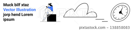 Technology, time management, cloud computing, digital communication, remote work, online services. A person with a smartphone, cloud shape and a clock graphic. Technology and time management concept Technology, time management, cloud computing, digital communication, remote work, online services. A person with a smartphone, cloud shape and a clock graphic. Technology and time management concept 138858083
