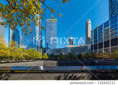 Memorial Pool in Lower Manahttan with skyscrapers on the background 138858115
