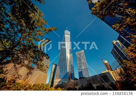 Low angle vie of skyscrapers in Lower Manhattan under a blue sky 138858136