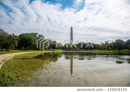 World famous Washington Monument reflected on Constitution Gardens Pond in National Mall 138858150