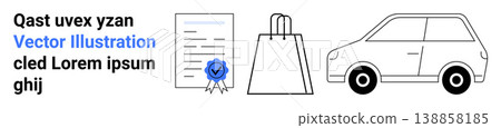 Certification, e-commerce, logistics, consumerism, transport, verification. Minimal outline of a certificate, shopping bag and car. Certification and e-commerce concept Certification, e-commerce, logistics, consumerism, transport, verification. Minimal outline of a certificate, shopping bag and car. Certification and e-commerce concept 138858185
