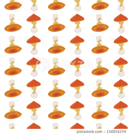 無縫圖案背景插圖，描繪的是凱撒利亞鵝膏菌（密集、交替圖案） 138858259