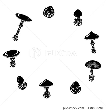 Monochrome hand-drawn illustration of a round frame featuring a *Amanita caesarea* mushroom. 138858281