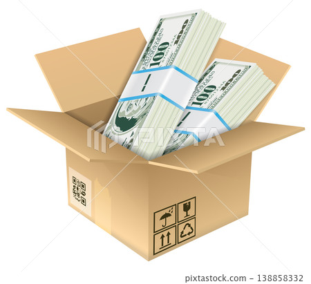 Cardboard Box with Dollar Bills Cardboard Box with Dollar Bills 138858332