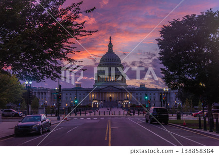 World famous United States Capitol Building under a colorful sky at sunset 138858384