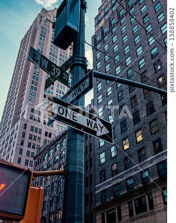 Close up view of a One Way Sign in Midtown Manhattan 138858402