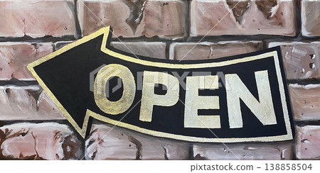 3d hanging brick wall board icon for opening announcement for cafe, restaurant, market, shop on isolated blue background. Icon shopping concept. 138858504