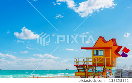 Orange and red lifeguard tower in Miami Beach 138858551