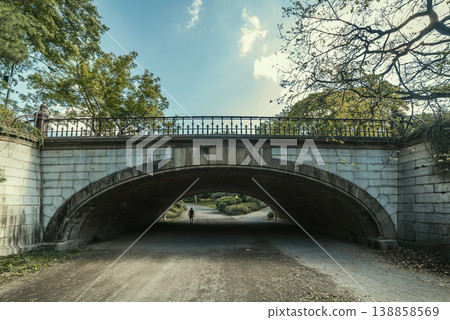 Man passing under a small bridge in Central Park Man passing under a small bridge in Central Park 138858569