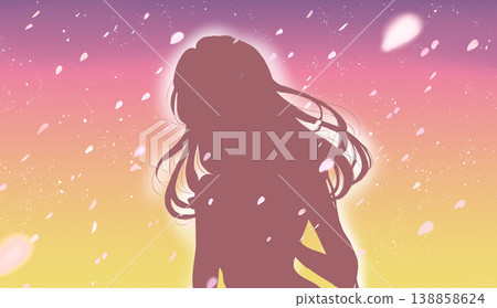 一位女子外出;春天的景象;櫻花飄落;剪影;黃昏。 一位女子外出;春天的景象;櫻花飄落;剪影;黃昏。 138858624