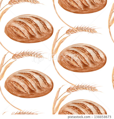 Rustic bread loaves and wheat ears watercolor seamless pattern. Hand-painted bakery background warm tones, perfect for artisan branding, organic packaging, bakery design, textile and wrapping paper Rustic bread loaves and wheat ears watercolor seamless pattern. Hand-painted bakery background warm tones, perfect for artisan branding, organic packaging, bakery design, textile and wrapping paper 138858673