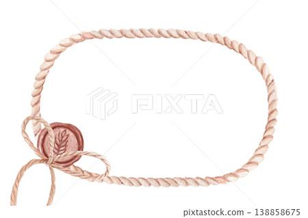 Bakery branding watercolor frame with twisted rope border, wax seal with wheat symbol. Hand painted rustic label template, packaging design, artisan bread, organic product identity, food presentation 138858675