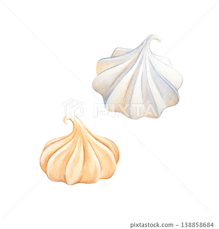 A set of watercolor images of white and fruity colored meringues or marshmallows. Hand-drawn sweet desserts for coffee or tea. Suitable for designers, menus, shops, printing, restaurants, postcards. A set of watercolor images of white and fruity colored meringues or marshmallows. Hand-drawn sweet desserts for coffee or tea. Suitable for designers, menus, shops, printing, restaurants, postcards. 138858684