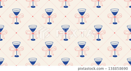 Glasses with drinks decorated with bows on beige background with diamonds Glasses with drinks decorated with bows on beige background with diamonds 138858690