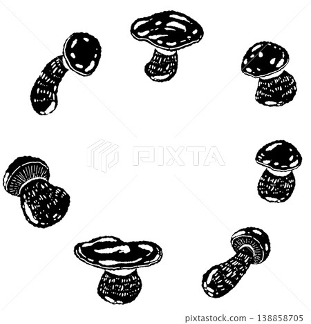 Monochrome hand-drawn illustration of a round frame featuring porcini mushrooms. 138858705