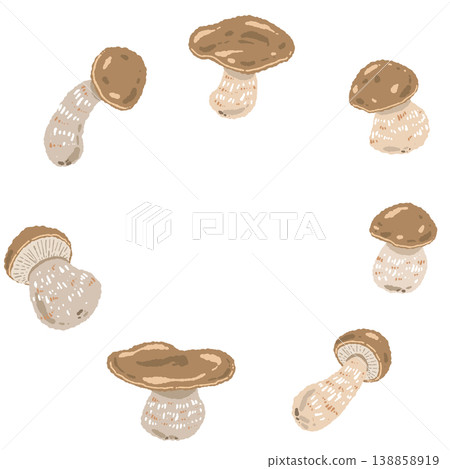 手繪插圖，圓形相框內有牛肝菌。 138858919