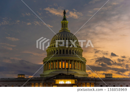 US Capitol Dome at Sunset with Orange and Dark Blue Sky US Capitol Dome at Sunset with Orange and Dark Blue Sky 138858969