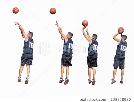 Basketball Player Jump Shot Sequence Collage on White Background, Male Basketball Player Jump Shot Sequence Collage on White Background, Male 138858980