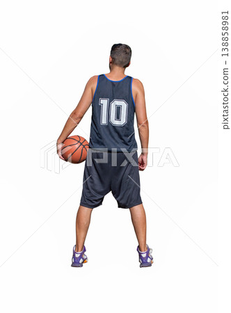 Basketball Player Standing with Ball Under Arm from Behind on White Background, Male, Number 10 Basketball Player Standing with Ball Under Arm from Behind on White Background, Male, Number 10 138858981