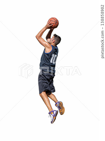 Basketball Player Jumping with Ball on White Background, Male Basketball Player Jumping with Ball on White Background, Male 138858982