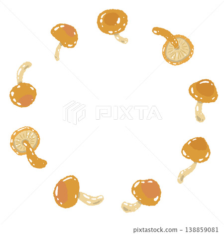 手繪插圖素材，圓形邊框，圖案為滑子菇。 138859081