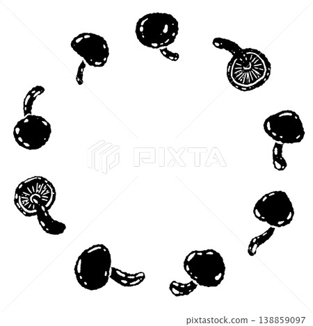 單色手繪插圖素材，圓形邊框內有蘑菇圖案。 138859097