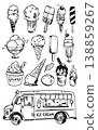 Vector doodle set of various ice cream and ice cream truck hand drawn on white background 138859267