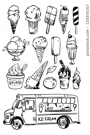 Vector doodle set of various ice cream and ice cream truck hand drawn on white background Vector doodle set of various ice cream and ice cream truck hand drawn on white background 138859267
