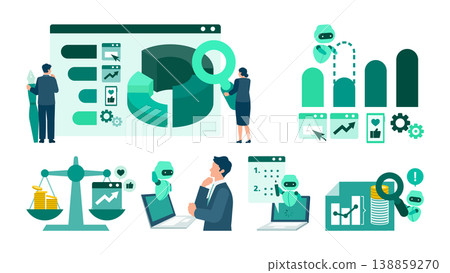 A set of illustrations showing business men and women optimizing advertising costs with AI budget management and marketing strategies. A set of illustrations showing business men and women optimizing advertising costs with AI budget management and marketing strategies. 138859270