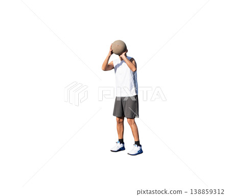 Left-Handed Basketball Player Front View Preparing Free Throw with Ball Covering Face, Isolated on White Background Left-Handed Basketball Player Front View Preparing Free Throw with Ball Covering Face, Isolated on White Background 138859312