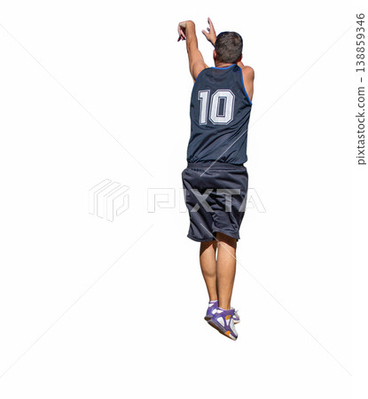 Lefty Basketball Player Jump Shot from Behind Isolated on White Background Lefty Basketball Player Jump Shot from Behind Isolated on White Background 138859346
