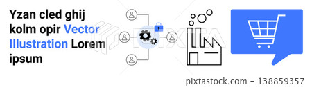 E-commerce, manufacturing, workflow automation, industry, technology, business operations. Network diagram with icons of gears, factory and shopping cart. E-commerce and manufacturing concepts E-commerce, manufacturing, workflow automation, industry, technology, business operations. Network diagram with icons of gears, factory and shopping cart. E-commerce and manufacturing concepts 138859357