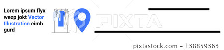 Navigation, fashion retail, e-commerce, clothing stores, location services, brand placement. Icon shows a map pin beside hanging clothes and placeholder text. Fashion retail and e-commerce concept Navigation, fashion retail, e-commerce, clothing stores, location services, brand placement. Icon shows a map pin beside hanging clothes and placeholder text. Fashion retail and e-commerce concept 138859363