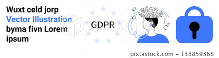 Data privacy, cybersecurity, user protection, mental processes, GDPR compliance, technology integration. Visuals include a lock, human head with digital elements and GDPR text. Data privacy Data privacy, cybersecurity, user protection, mental processes, GDPR compliance, technology integration. Visuals include a lock, human head with digital elements and GDPR text. Data privacy 138859368