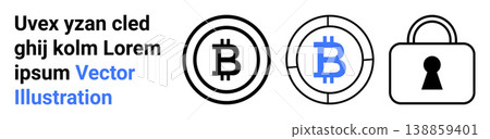 Cryptocurrency, blockchain, data security, finance, digital wallets, secure transactions. Bitcoin logo and lock visuals. Cryptocurrency and data security conceptual illustration Cryptocurrency, blockchain, data security, finance, digital wallets, secure transactions. Bitcoin logo and lock visuals. Cryptocurrency and data security conceptual illustration 138859401