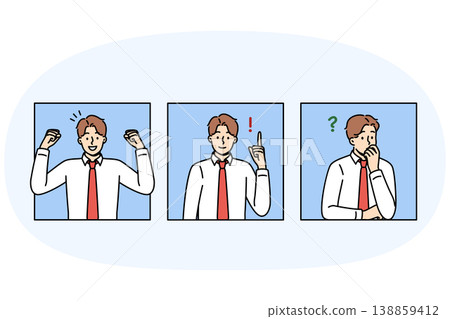 Business man thinks about question and rejoices after finding solution or having good idea Business man thinks about question and rejoices after finding solution or having good idea 138859412