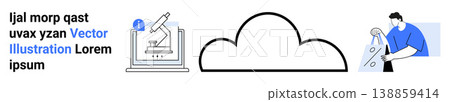 Cloud computing, secure data, scientific innovation, research processes, technology development, data storage solutions. Central cloud icon with microscope and technician illustration. Cloud 138859414