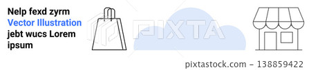 E-commerce, retail shopping, small business, cloud technology, digital commerce, online stores. Minimal design with shopping bag, cloud and storefront icons. E-commerce and retail shopping concept 138859422