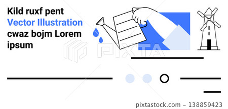 Sustainability, renewable energy, water conservation, eco-friendly practices, graphic design, education. A hand holding paper with water droplets, windmill minimal design. Sustainability 138859423
