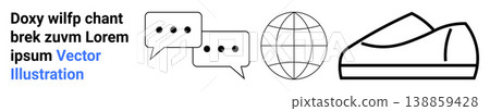 Communication, global interaction, e-commerce, digital connectivity, product design, branding. Speech bubbles, a globe and an outlined shoe. Communication and global interaction concept Communication, global interaction, e-commerce, digital connectivity, product design, branding. Speech bubbles, a globe and an outlined shoe. Communication and global interaction concept 138859428