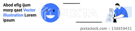 Digital design, user engagement, creativity, branding, communication, tools. A smiling blue face and a figure using tools in a sleek layout. User engagement and creativity concept Digital design, user engagement, creativity, branding, communication, tools. A smiling blue face and a figure using tools in a sleek layout. User engagement and creativity concept 138859431